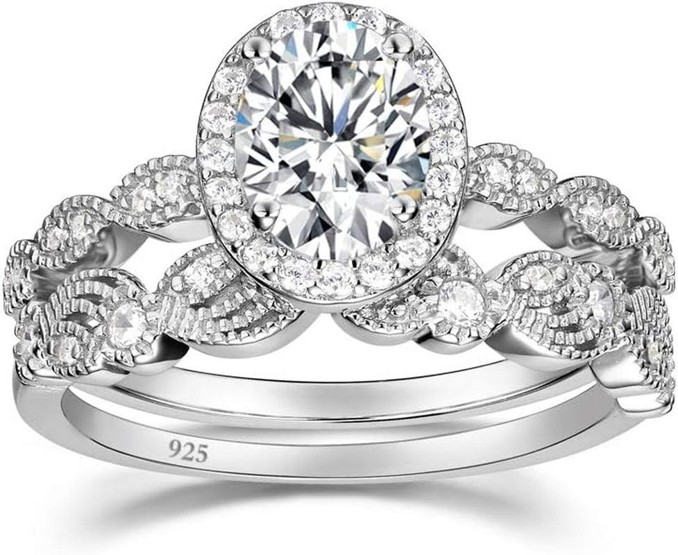 1.5CT 925 Sterling Silver Bridal Rings Sets Oval Cubic Zirconia Halo CZ Engagements Wedding Bands for Women Promise Rings for Her Size 4-11