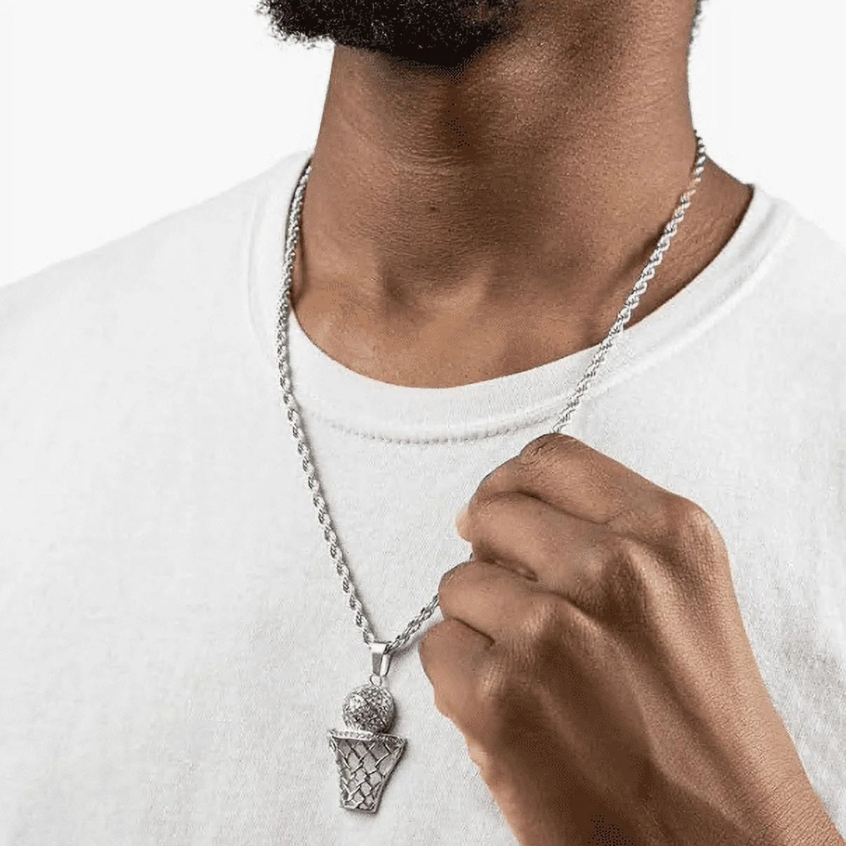 Men'S 18K Silver Plated Stainless Steel Basketball Hoop Chain Pendant Necklace