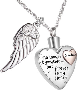 Heart Pendant Necklace, Cremation Necklace for Ashes for Women/Men, Urn Necklace for Ashes Angel Wing Jewelry Memorial Pendant- No Longer by My Side but Forever in My Heart- Pendant for Grandma