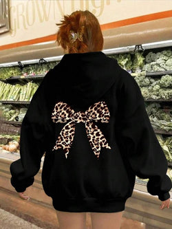 Leopard Print Bowknot Thermal Hoodie - Stylish Casual Sweatshirt with Drawstring Pocket for Fall & Winter Outdoor Wear
