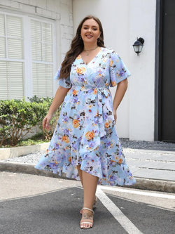 Plus Size Floral Print Ruffle Hem Belted Wrap a Line Dress, Boho Butterfly Sleeve V Neck High Low Midi Dress, Women Clothing for Spring & Fall
