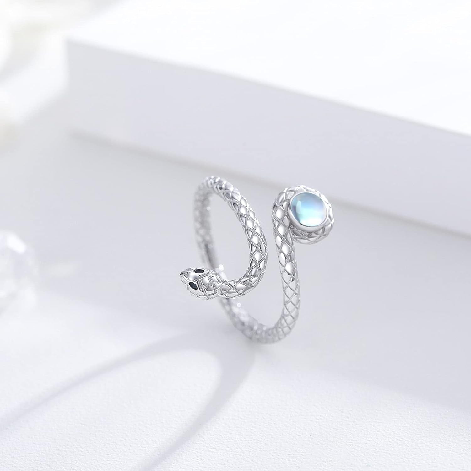 Snake Rings 925 Sterling Silver Opening Wrap Adjustable Size Rainbow Moonstone Ring Spoon Serpent Ring Gifts for Snake Lover Goth Cool Dainty Jewelry for Women Men Girlfriend