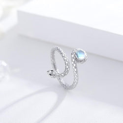 Snake Rings 925 Sterling Silver Opening Wrap Adjustable Size Rainbow Moonstone Ring Spoon Serpent Ring Gifts for Snake Lover Goth Cool Dainty Jewelry for Women Men Girlfriend
