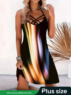 【Plus Size】Colorful Print Criss Cross Cami Dress, Fashion Spaghetti Strap Sleeveless Graphic Dress, Dresses for Women, Women Clothing for Summer, Summer Dresses 2024