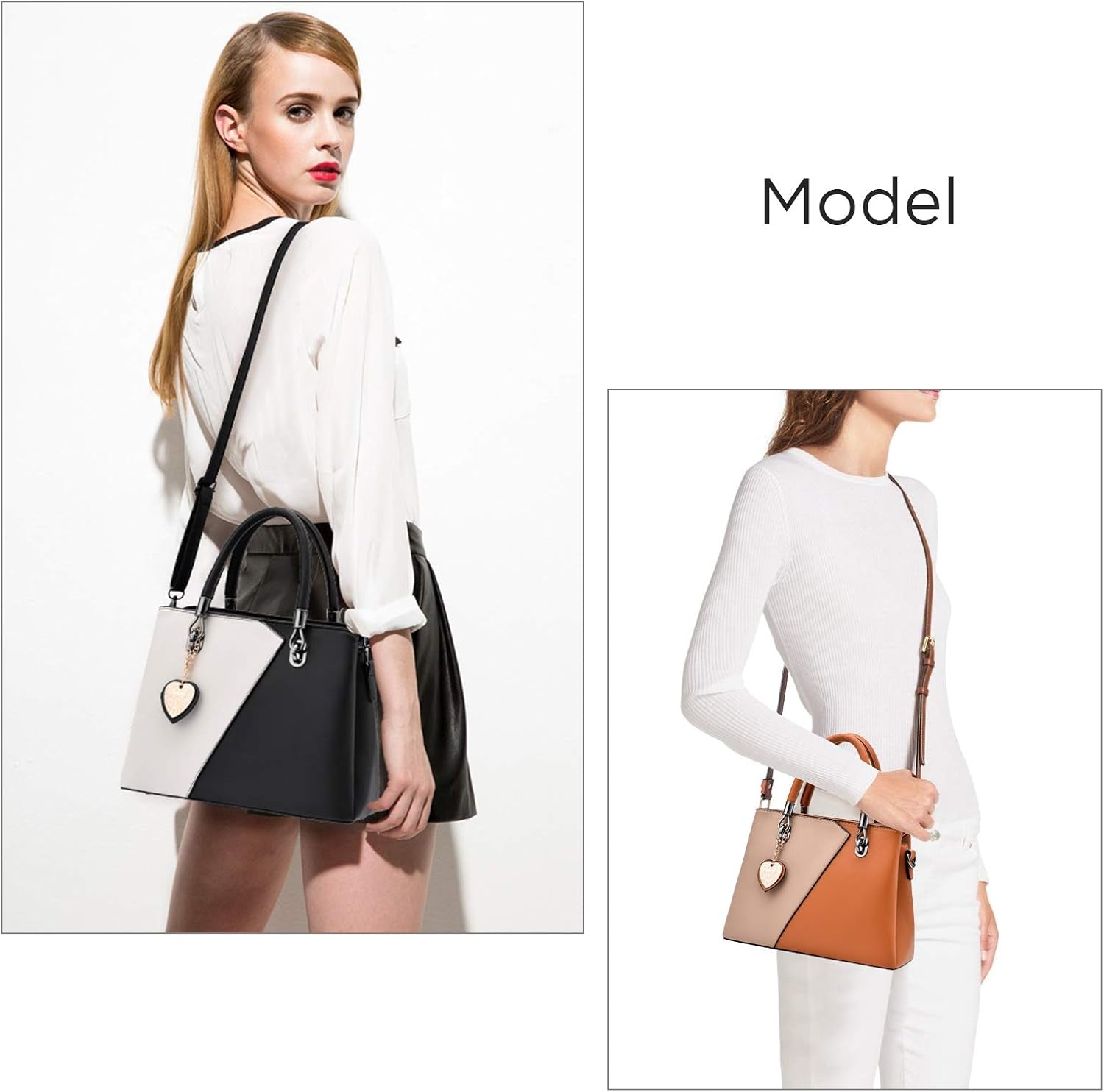 Womens Leather Handbags Purse Top-Handle Bags Contrast Color Stitching Totes Satchel Shoulder Bag for Ladies