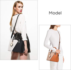 Womens Leather Handbags Purse Top-Handle Bags Contrast Color Stitching Totes Satchel Shoulder Bag for Ladies