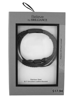 Men’S Black Stainless Steel & Faux Leather Three Strand Bracelet