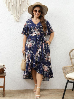 Plus Size Floral Print Ruffle Hem Belted Wrap a Line Dress, Boho Butterfly Sleeve V Neck High Low Midi Dress, Women Clothing for Spring & Fall