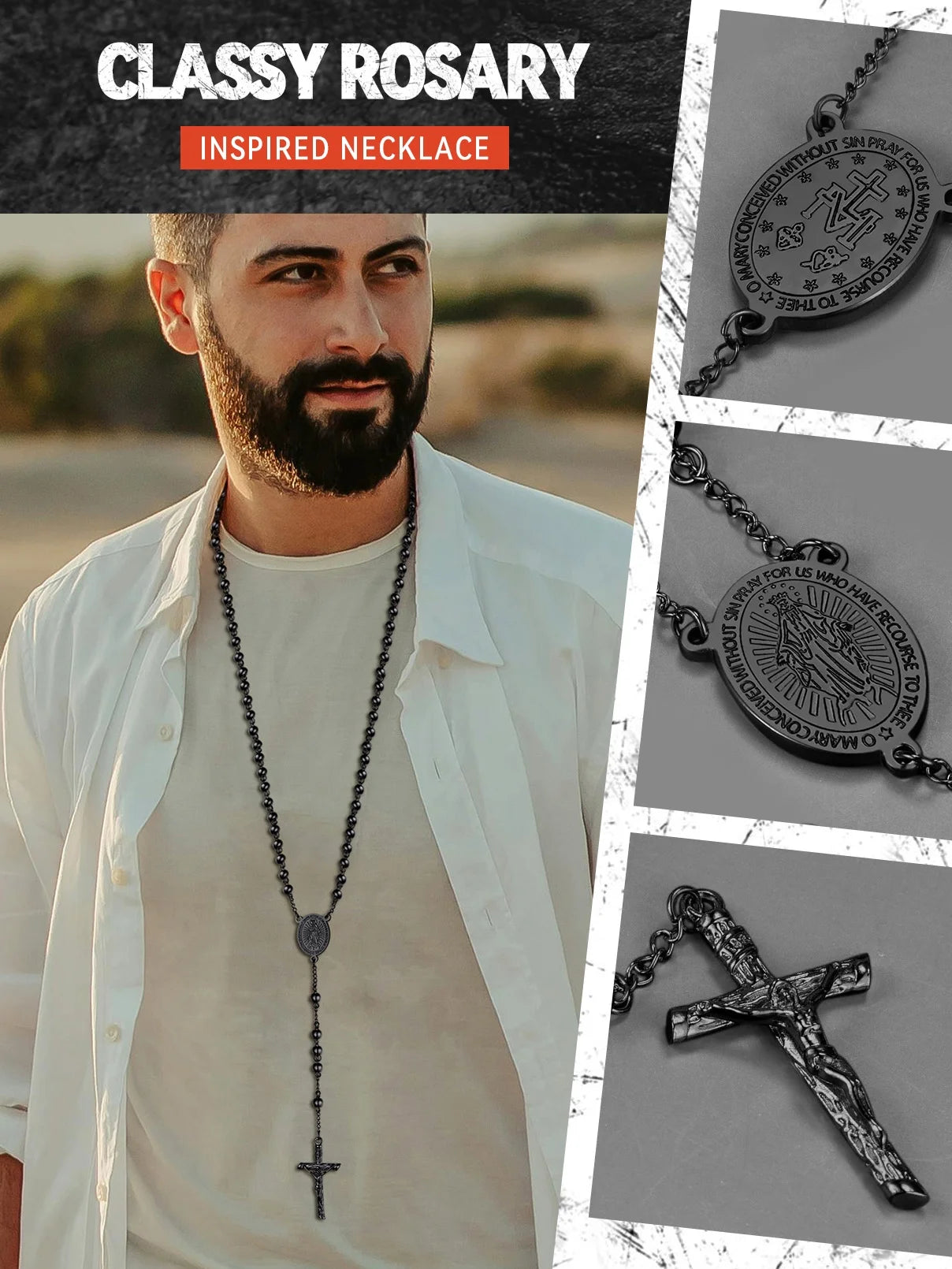 Black Rosary Necklace for Women Men Catholic Virgin Mary Holy Blessed Bead Christian Church Jesus Crucifix Cross Pendant Y Necklace Christmas Jewelry Gift for Mother