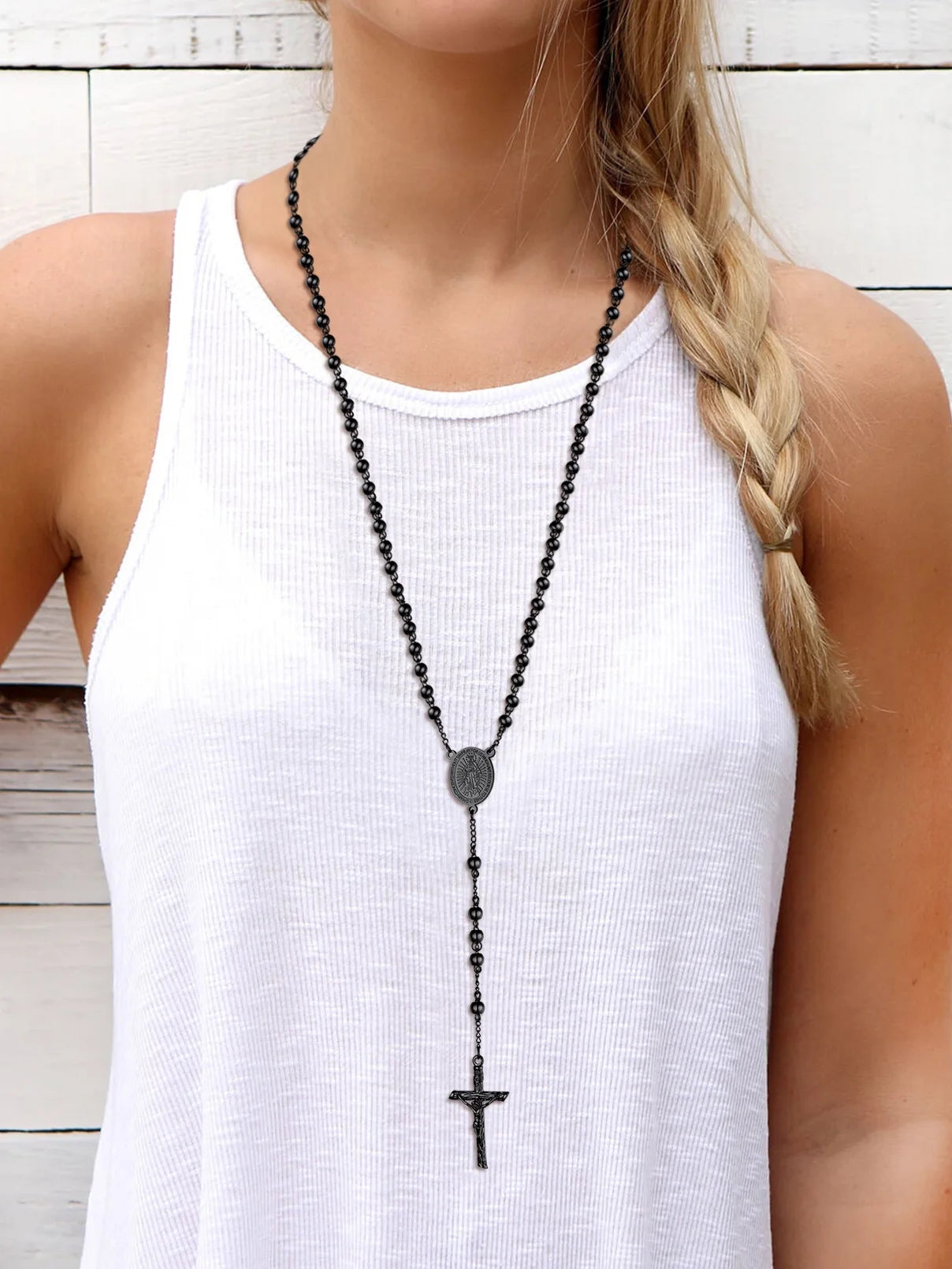 Black Rosary Necklace for Women Men Catholic Virgin Mary Holy Blessed Bead Christian Church Jesus Crucifix Cross Pendant Y Necklace Christmas Jewelry Gift for Mother