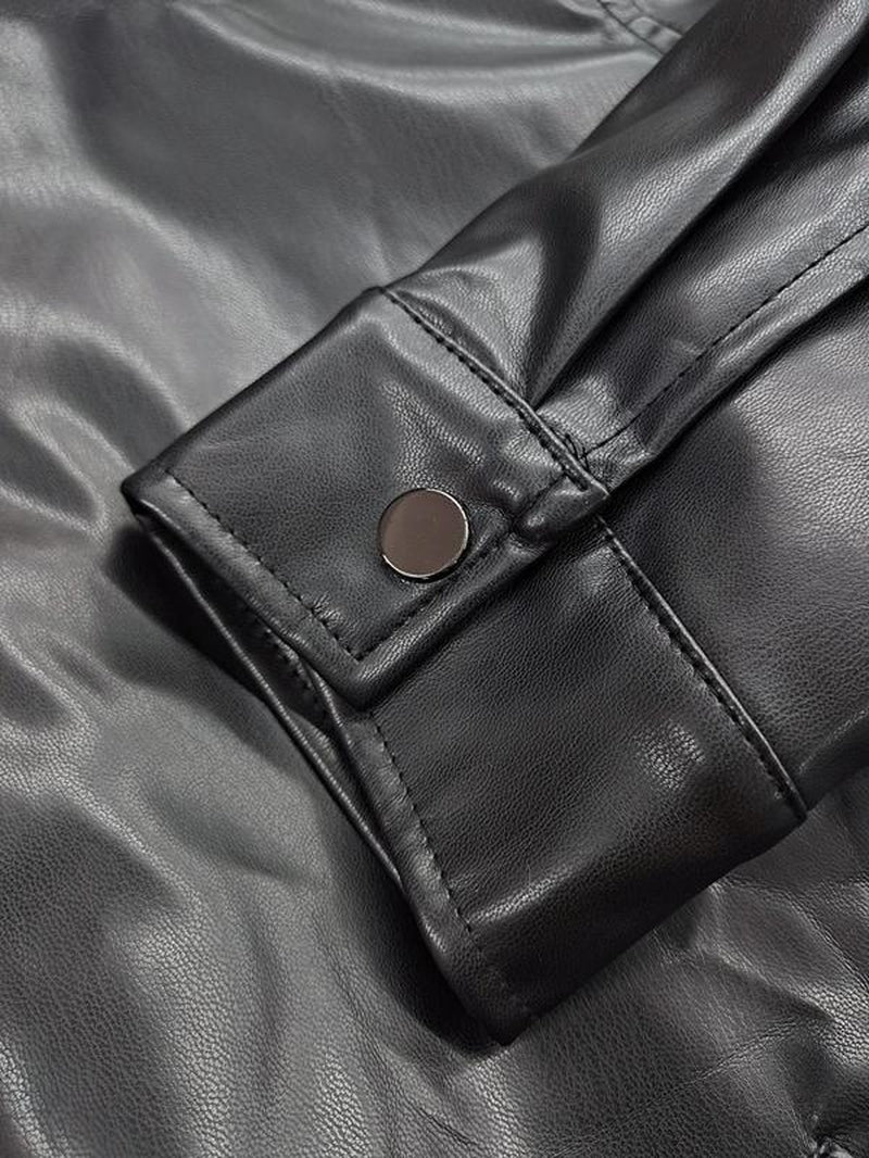 Chic Women's Faux Leather Jacket with Pockets - Stylish Long Sleeve Collared Outerwear for Fall & Winter