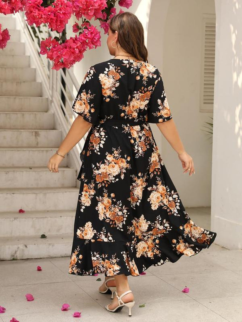 Plus Size Floral Print Ruffle Hem Belted Wrap a Line Dress, Boho Butterfly Sleeve V Neck High Low Midi Dress, Women Clothing for Spring & Fall