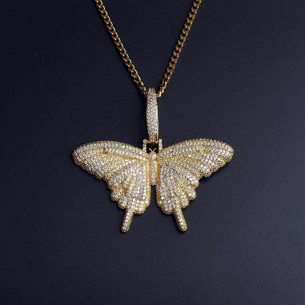 Silver Plated CZ Iced Out Bling Butterfly Chain Necklace Party Jewelry for Men Women
