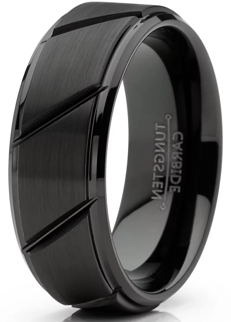 Mens Tungsten Ring Black Grooved Wedding Band Beveled Edges Comfort-Fit 8Mm
