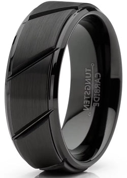 Mens Tungsten Ring Black Grooved Wedding Band Beveled Edges Comfort-Fit 8Mm