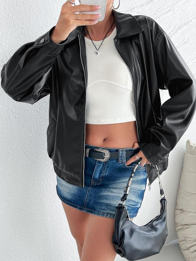Chic Women's Faux Leather Jacket with Pockets - Stylish Long Sleeve Collared Outerwear for Fall & Winter