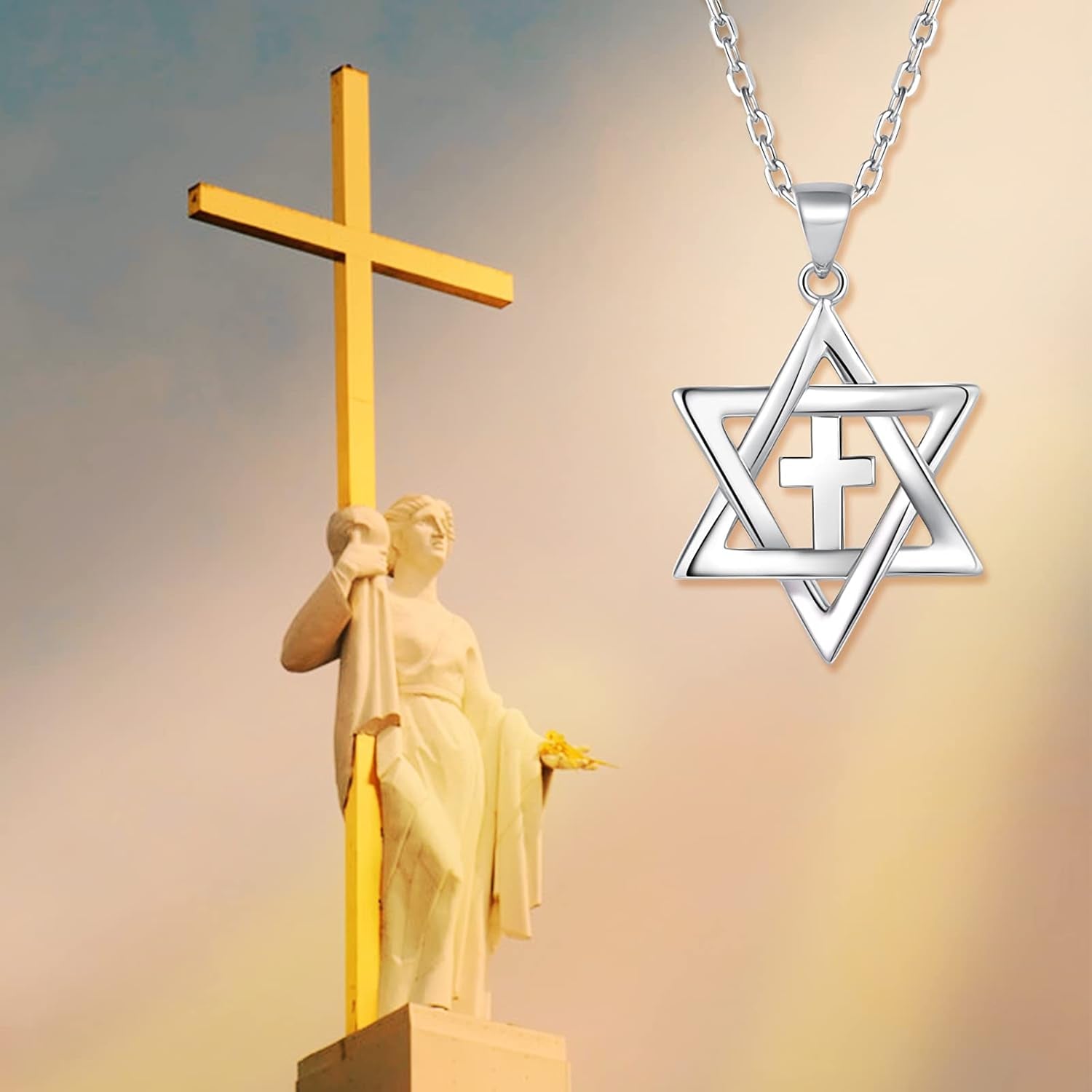 Jewish Messianic Necklace for Women and Men, Silver / 18K Gold Plated Small Star of David and Cross Pendant Jewelry, Chain Length 18