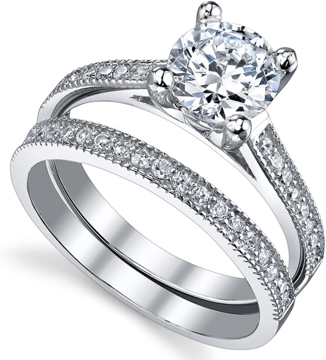 1.25 Carat round Brilliant Cubic Zirconia Sterling Silver 925 Wedding Engagement Ring Band Set Sizes 4 to 11