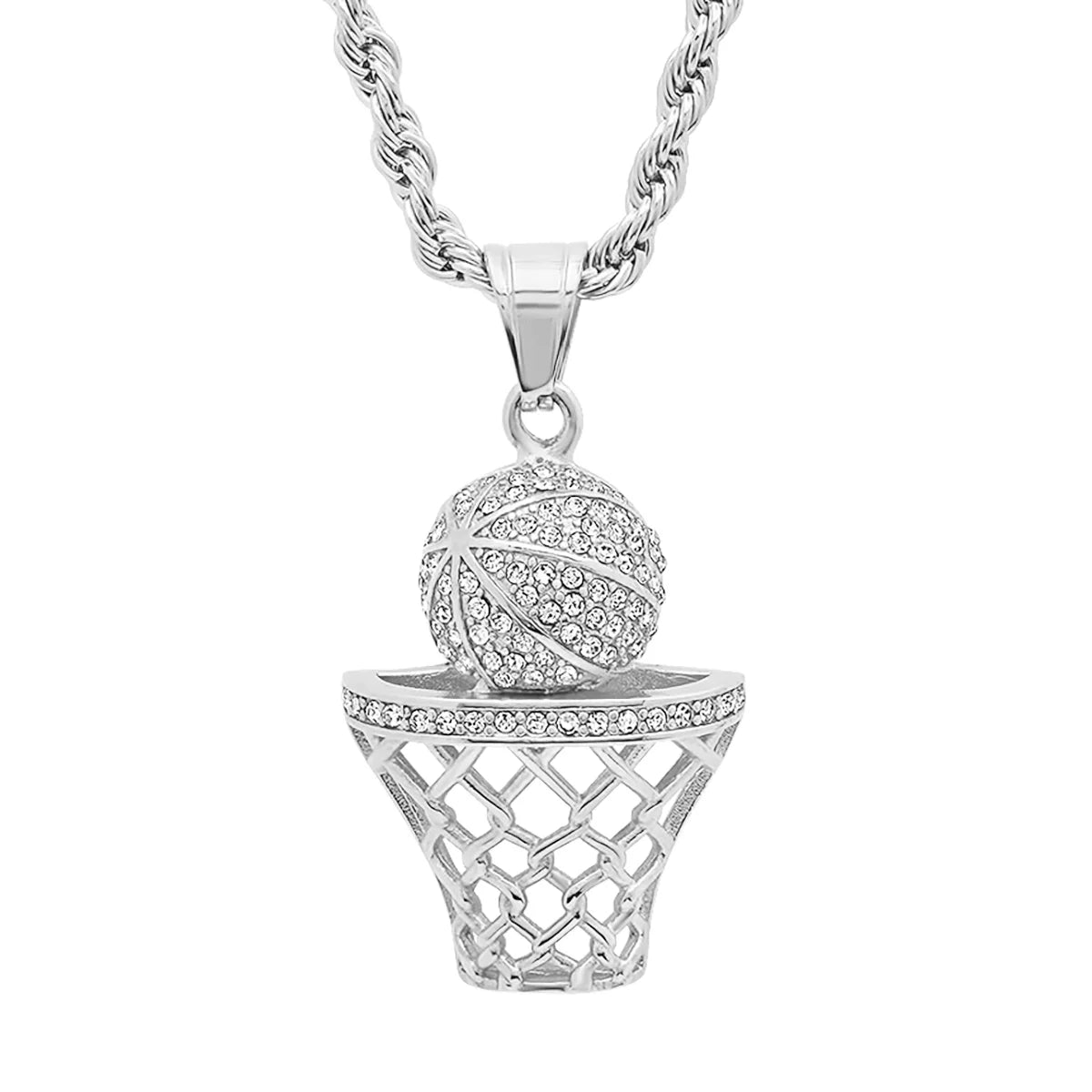 Men'S 18K Silver Plated Stainless Steel Basketball Hoop Chain Pendant Necklace