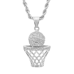 Men'S 18K Silver Plated Stainless Steel Basketball Hoop Chain Pendant Necklace