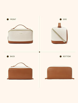 Makeup Bag Large Capacity Travel Cosmetic Bag Portable PU Leather Water Resistant Makeup Organizer Bags for Women with Handle and Divider Open Flat Beige with Brown
