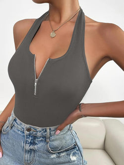 Women'S Solid Zipper Halter Neck Backless Top, Summer Clothes Women, Street Fashion Casual Sleeveless Top for Daily Outdoor Wear, Women Clothing for Summer