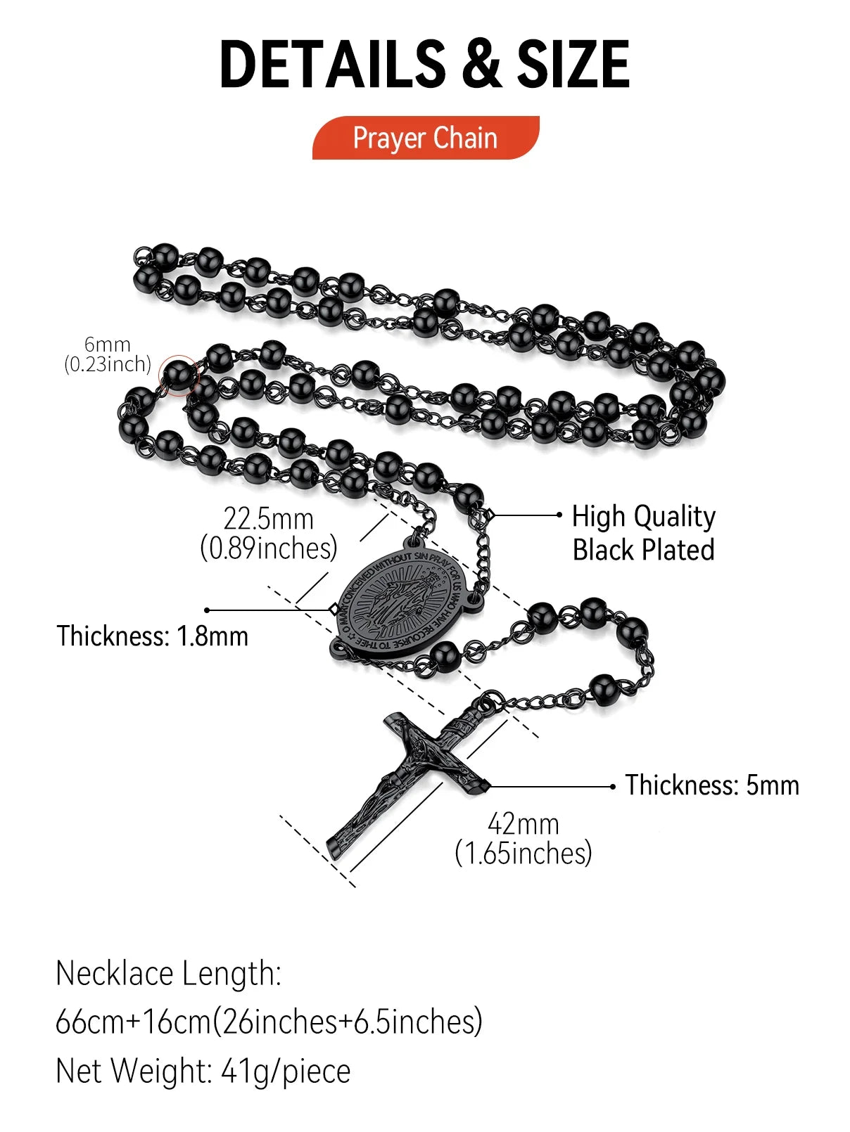 Black Rosary Necklace for Women Men Catholic Virgin Mary Holy Blessed Bead Christian Church Jesus Crucifix Cross Pendant Y Necklace Christmas Jewelry Gift for Mother