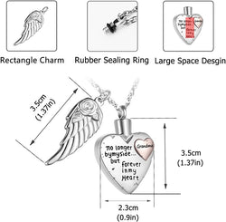 Heart Pendant Necklace, Cremation Necklace for Ashes for Women/Men, Urn Necklace for Ashes Angel Wing Jewelry Memorial Pendant- No Longer by My Side but Forever in My Heart- Pendant for Grandma
