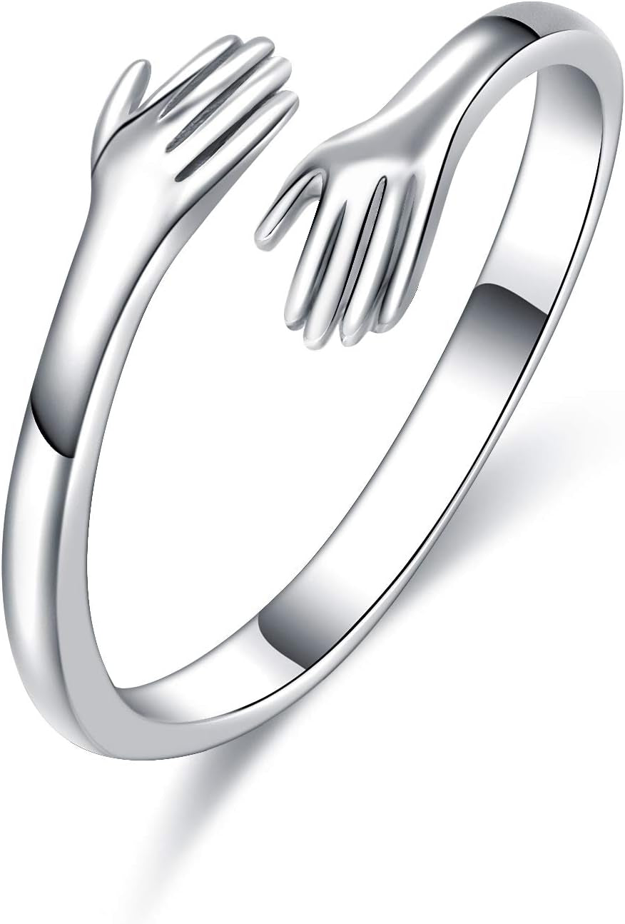 925 Sterling Silver Rings for Women Men or Unisex Silver Hugging Hands Open Ring Jewelry Hug Hands Statement Rings Bands Size