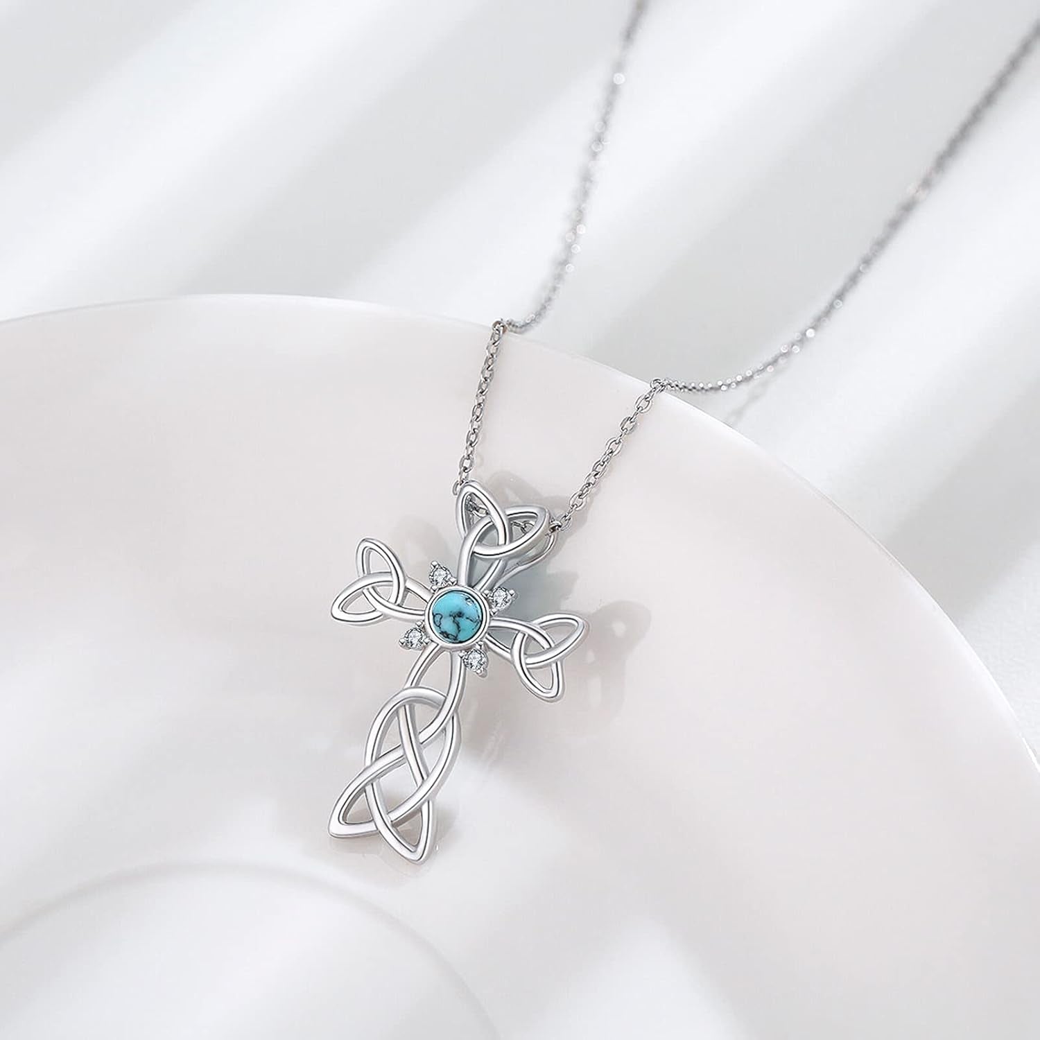 Cross Necklace 925 Sterling Silver Celtic Knot Cross Necklace with round Shape Turquoise Pendant Jewelry Gifts for Women