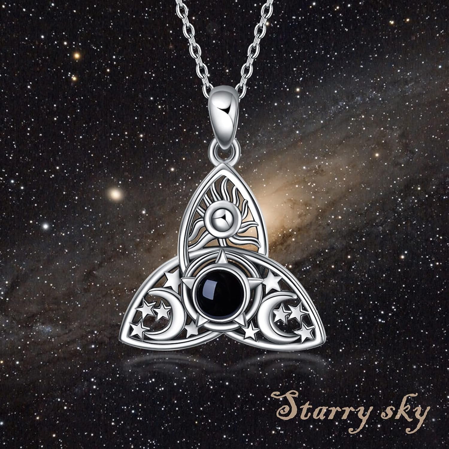 Triple Moon Goddess Triquetra Necklace Sterling Silver I Love You 100 Languages Pentagram Pentacle Pendant Necklace Pagan Wiccan Jewelry for Women Men