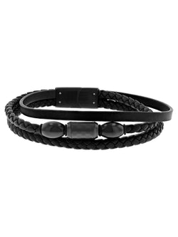 Men’S Black Stainless Steel & Faux Leather Three Strand Bracelet