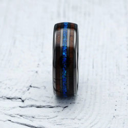 Gunmetal Tungsten Ring for Men Koa Wood Blue Opal Inlaid Wedding Band Promise Size 6-16 (Tungsten, 13.5)