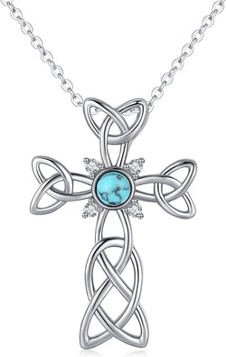 Cross Necklace 925 Sterling Silver Celtic Knot Cross Necklace with round Shape Turquoise Pendant Jewelry Gifts for Women