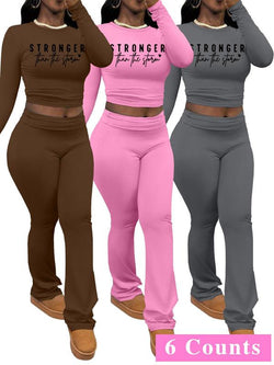 Chic Women's Letter Print Long Sleeve Crop Top & Leggings Set - Cozy Casual Outfit for Spring & Fall Outdoor Adventures
