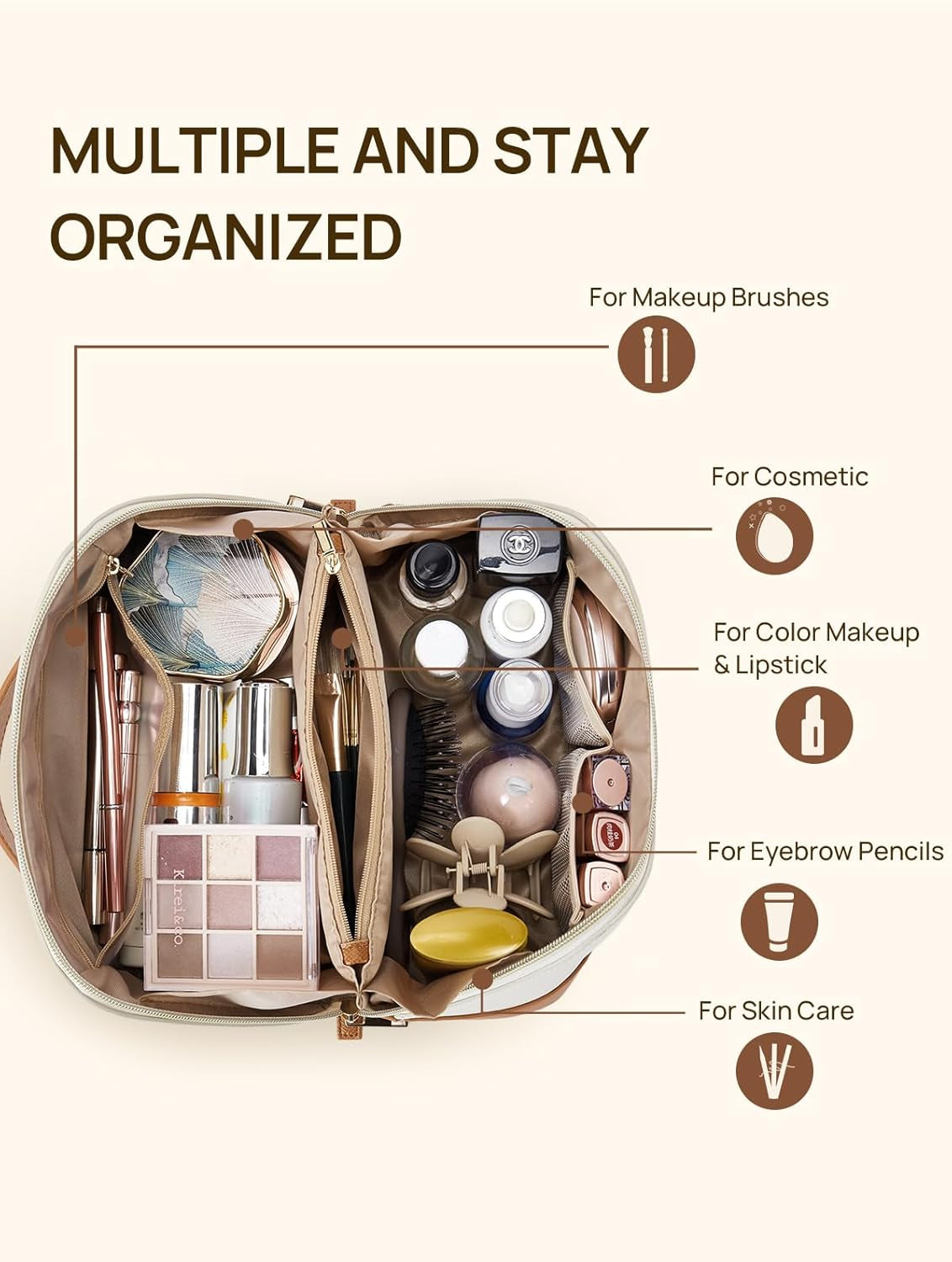 Makeup Bag Large Capacity Travel Cosmetic Bag Portable PU Leather Water Resistant Makeup Organizer Bags for Women with Handle and Divider Open Flat Beige with Brown