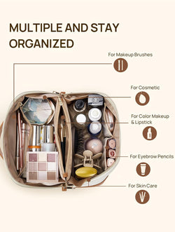 Makeup Bag Large Capacity Travel Cosmetic Bag Portable PU Leather Water Resistant Makeup Organizer Bags for Women with Handle and Divider Open Flat Beige with Brown