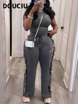 DOUCIU Women'S Letter Embroidery Fringe Trim Fleece Sweatpants Set, Casual Street Short Sleeve T-Shirt & Tie Front Trousers for Daily Wear, Ladies Summer Clothes