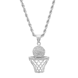 Men'S 18K Silver Plated Stainless Steel Basketball Hoop Chain Pendant Necklace