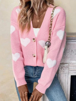 Women'S Heart Print Button Front Drop Shoulder Cardigan, Casual Long Sleeve V Neck Knitwear for Fall & Winter, Women Clothing