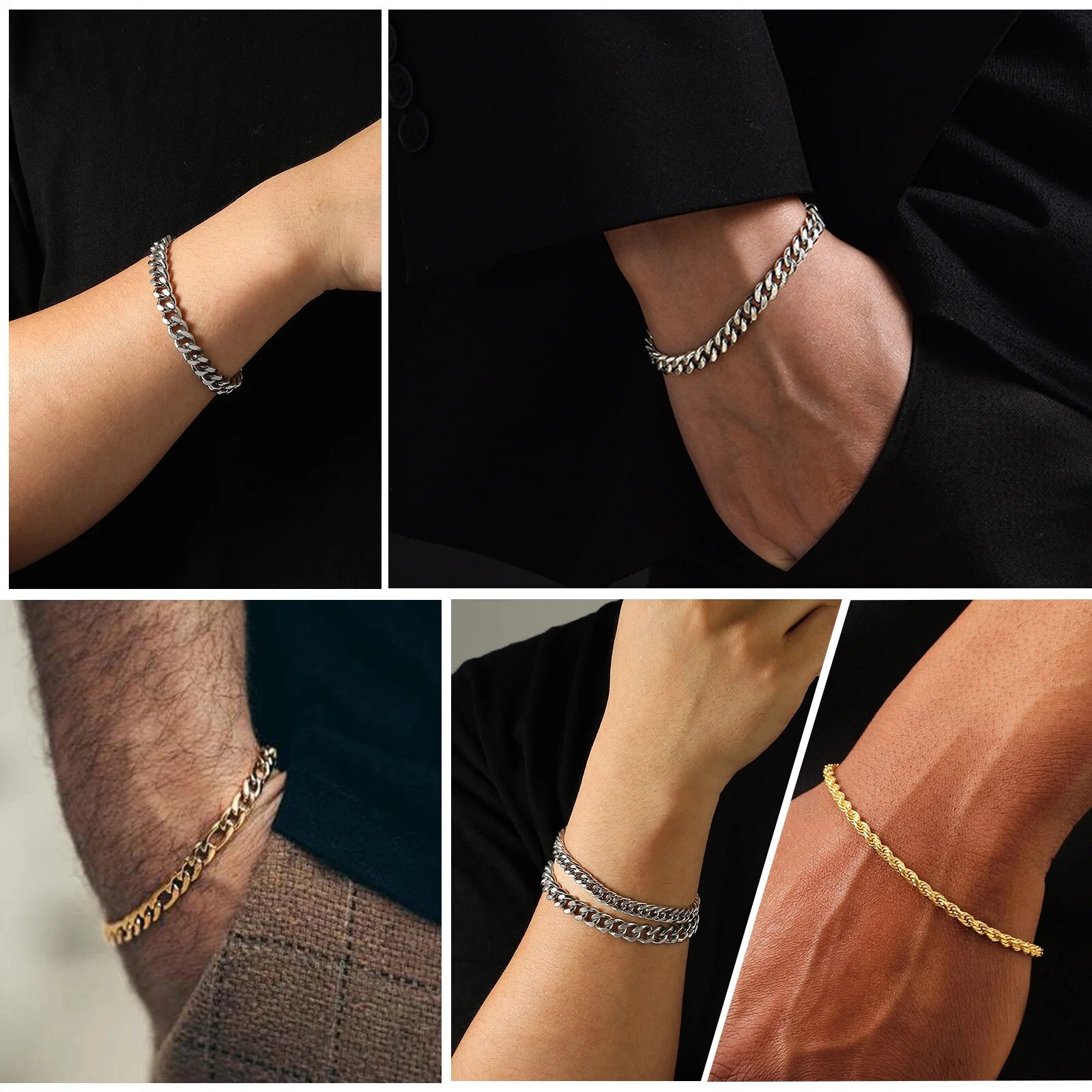 6 Pcs Silver Bracelets for Men Boys Women Stainless Steel Cuban Link Curb Rope Paperclip Figaro Herringbone Chain Bracelets Set Birthday Jewelry Gifts Ideas Teen Kids Age 6.5/7/7.5/8.3/9 Inches