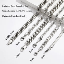 6 Pcs Silver Bracelets for Men Boys Women Stainless Steel Cuban Link Curb Rope Paperclip Figaro Herringbone Chain Bracelets Set Birthday Jewelry Gifts Ideas Teen Kids Age 6.5/7/7.5/8.3/9 Inches