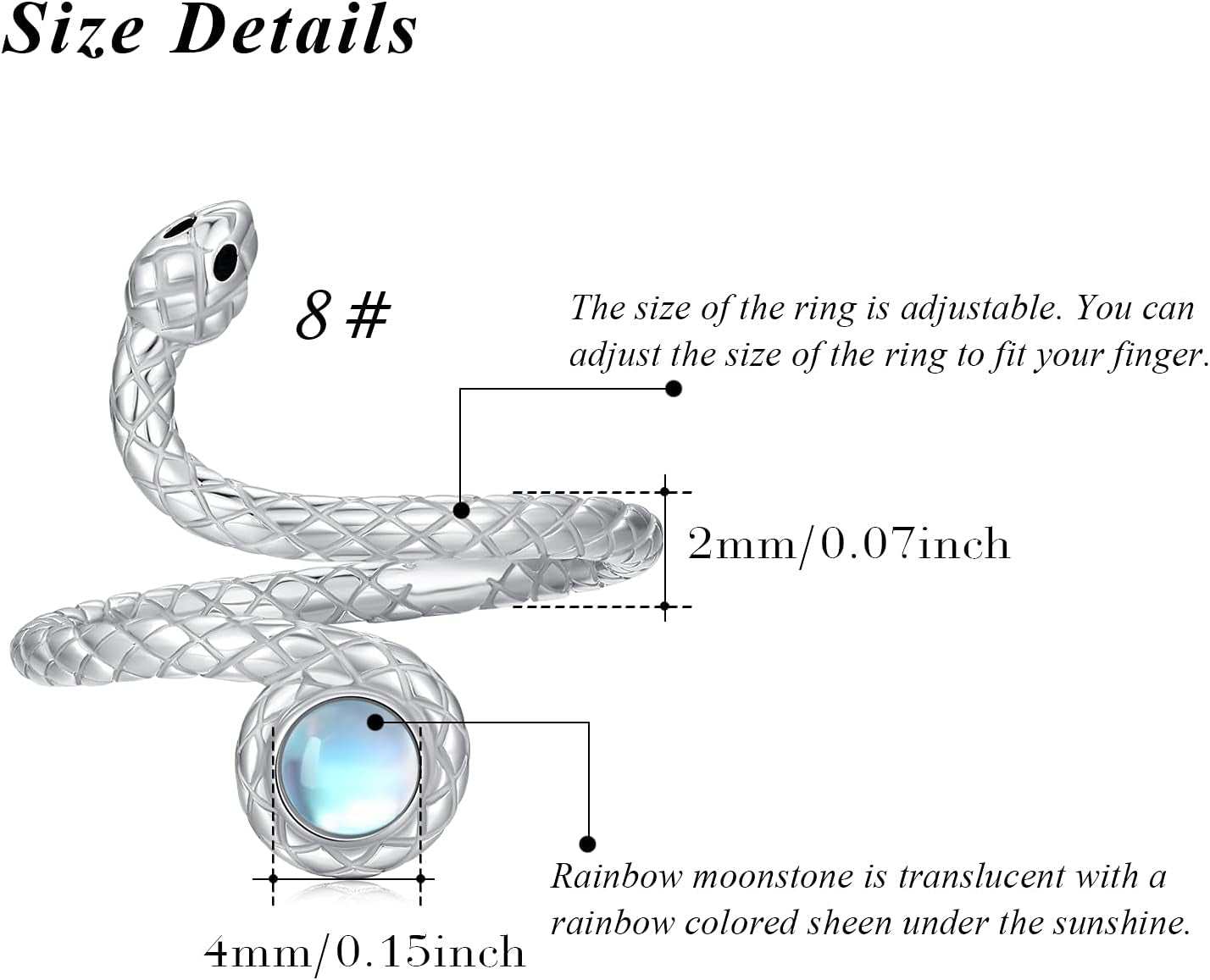 Snake Rings 925 Sterling Silver Opening Wrap Adjustable Size Rainbow Moonstone Ring Spoon Serpent Ring Gifts for Snake Lover Goth Cool Dainty Jewelry for Women Men Girlfriend