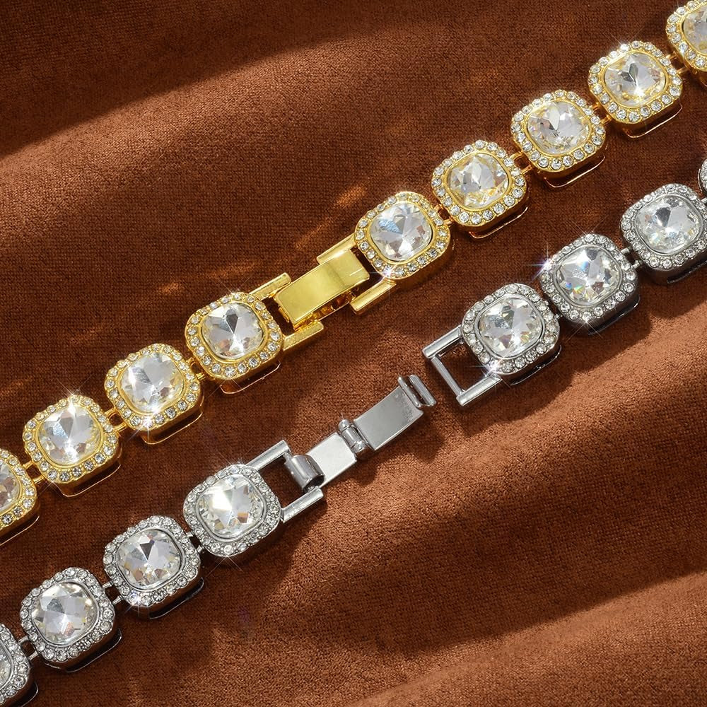 12Mm Iced Out Square Tennis Chain Baguette Chain Cubic Zircon 1 Row Clustered Diamond Tennis Necklace Bracelet Hip Hop Jewelry with Giftbox for Men Women