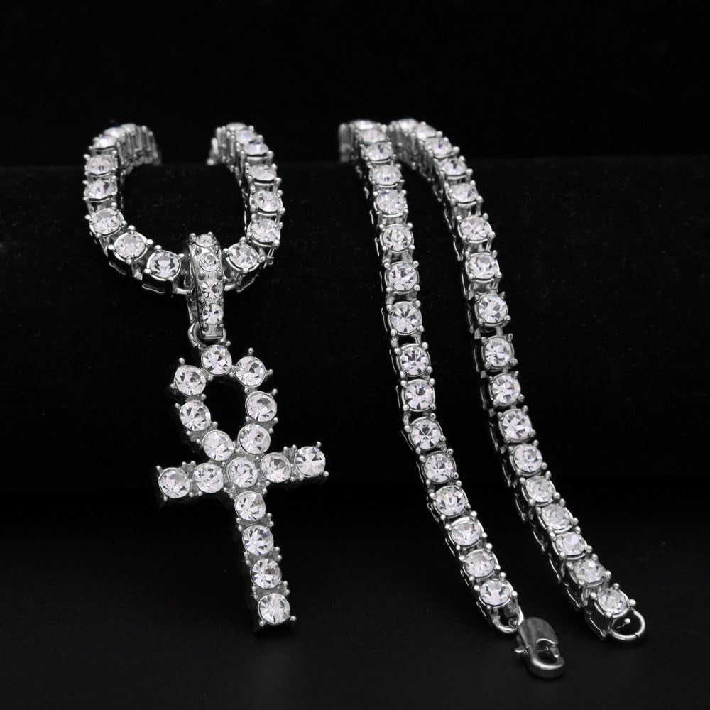 18K Gold Iced Out Cross Pendant 316L Stainless Steel Cuban Link Chain Necklace for Men(Silver Tennis Cross Chain 20Inch)