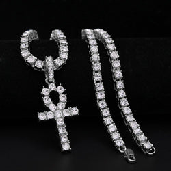 18K Gold Iced Out Cross Pendant 316L Stainless Steel Cuban Link Chain Necklace for Men(Silver Tennis Cross Chain 20Inch)