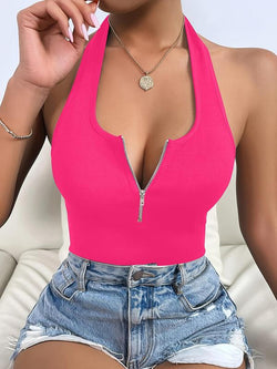 Women'S Solid Zipper Halter Neck Backless Top, Summer Clothes Women, Street Fashion Casual Sleeveless Top for Daily Outdoor Wear, Women Clothing for Summer