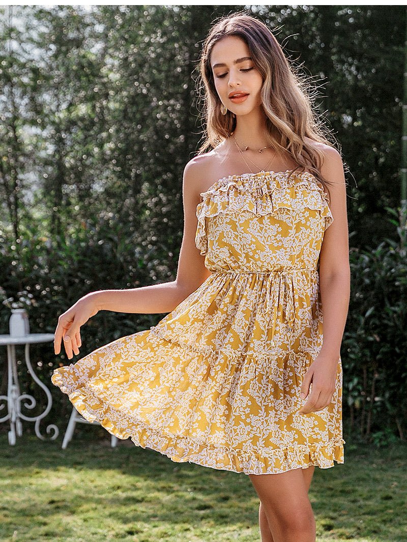 A-Line Strapless Mini Dress with Floral Ruffle Details - Bela Fils BoutiqueBela Fils Boutique
