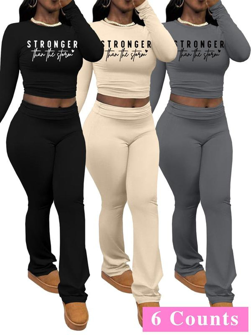 Chic Women's Letter Print Long Sleeve Crop Top & Leggings Set - Cozy Casual Outfit for Spring & Fall Outdoor Adventures