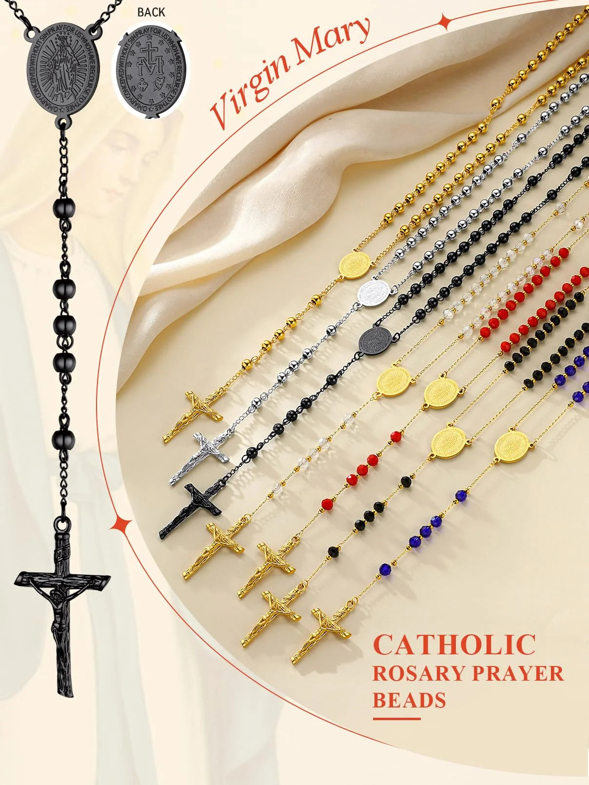 Black Rosary Necklace for Women Men Catholic Virgin Mary Holy Blessed Bead Christian Church Jesus Crucifix Cross Pendant Y Necklace Christmas Jewelry Gift for Mother